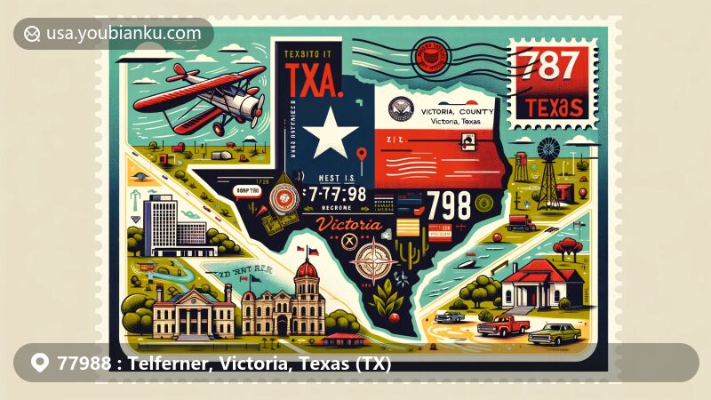 Vintage-style postcard illustration of Telferner, Victoria, Texas, featuring Texas state flag, county map outline, and iconic landmarks in ZIP code 77988.