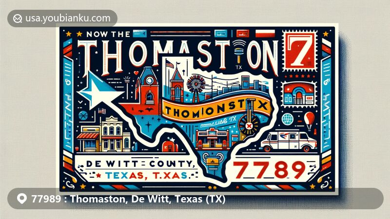Modern illustration of Thomaston, De Witt County, Texas, highlighting ZIP code 77989 with Texas state flag, De Witt County outline, and local landmarks.