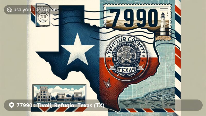 Creative illustration of Tivoli, Refugio County, Texas, inspired by airmail envelope design with a vintage postage stamp and Texas state flag, showing '77990' ZIP code and local landmark.
