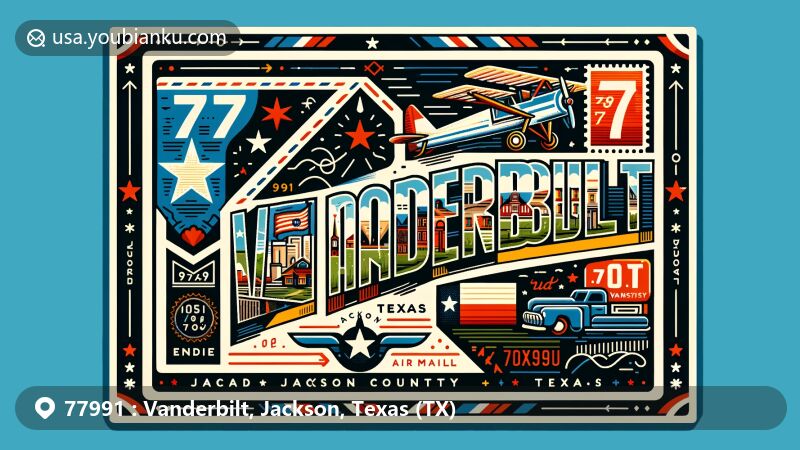 Creative illustration of Vanderbilt, Jackson County, Texas, featuring iconic elements like the Texas state flag, map outline of Jackson County, and local landmarks or cultural symbols, designed in a postcard format for ZIP code 77991.