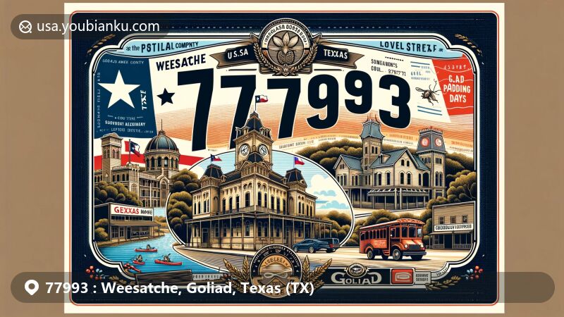 Modern illustration of Weesatche, Goliad, Texas, emphasizing postal theme with ZIP code 77993, highlighting Goliad Brewing Company, Goliad Market Days, Goliad County Courthouse, and the scenic Goliad Paddling Trail along the San Antonio River.