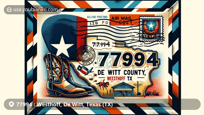 Modern illustration of Westhoff, De Witt County, Texas, showcasing postal theme with ZIP code 77994, featuring Texas state flag, De Witt County map, cowboy hat, cowboy boots, vintage postage stamp, and postmark stamp 'Westhoff, TX'.