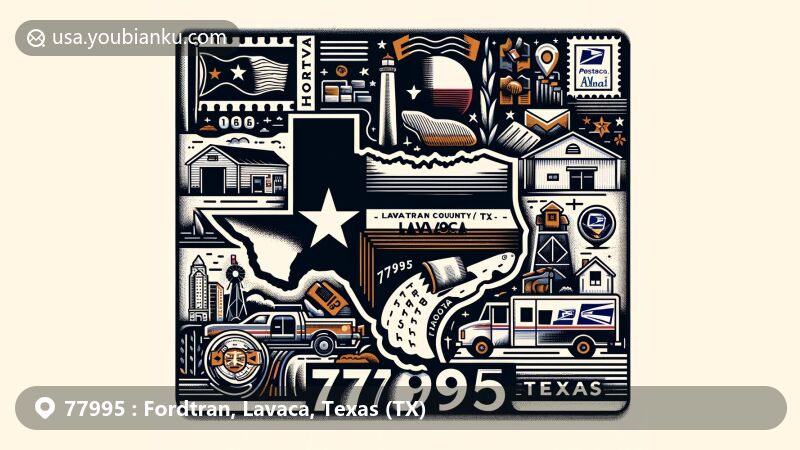 Modern illustration of Fordtran, Lavaca, Texas, showcasing postal theme with ZIP code 77995, featuring Texas state flag, Lavaca County outline, and regional landmarks or cultural symbols.