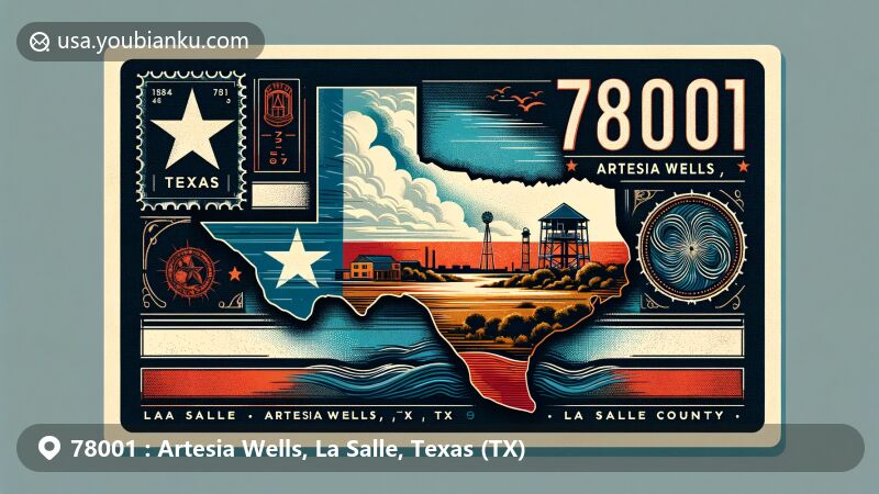 Modern digital illustration of Artesia Wells, La Salle County, Texas, styled as a vintage postcard with Texas flag and local landmarks, featuring postal elements like '78001 Artesia Wells, TX' stamp and postmark.