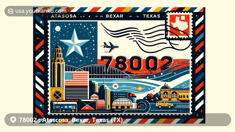 Modern illustration of U.S. ZIP Code 78002 in Atascosa and Bexar, Texas, resembling air mail envelope or postcard. Includes Texas state flag, Bexar County outline, landmark depiction, postal stamp, postmark, and prominent '78002' ZIP Code.
