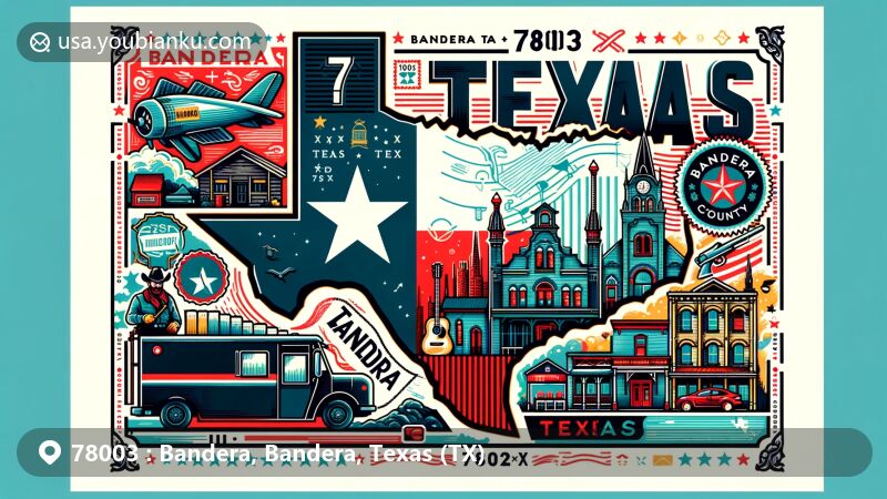 Modern illustration of Bandera, Texas, showcasing postal theme with ZIP code 78003, featuring the Texas state flag, landmarks of Bandera County, and cowboy culture symbols.