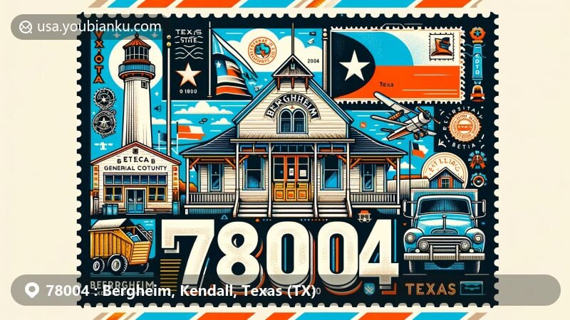 Modern illustration of Bergheim, Kendall County, Texas, featuring Bergheim General Store and Post Office on a postcard with Texas state flag and German-Texan cultural elements.