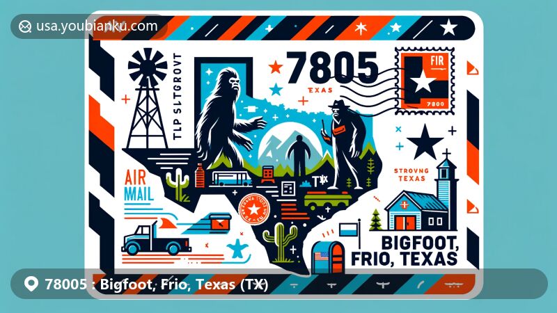 Modern illustration of Bigfoot, Frio County, Texas, showcasing postal theme with ZIP code 78005, featuring Texas state flag, Frio County outline, and cultural elements of Bigfoot.