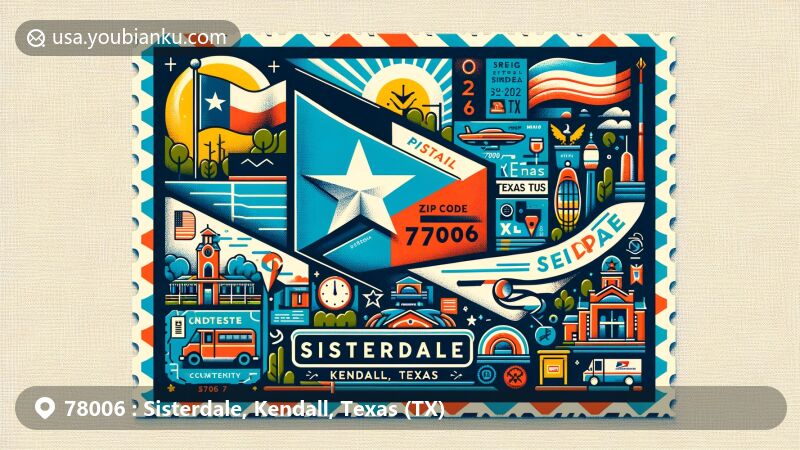 Modern illustration of Sisterdale, Kendall County, Texas, showcasing postal theme with ZIP code 78006, featuring Texas state flag and iconic landmarks.