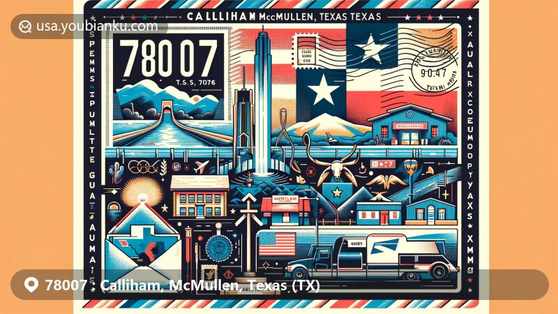 Modern illustration of Calliham, McMullen, Texas (TX), inspired by ZIP code 78007, featuring Texas state flag, McMullen County outline, local landmarks, and postal elements in a postcard design.