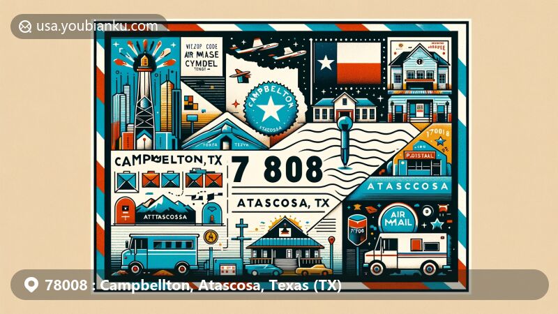 Modern illustration of Campbellton, Atascosa, Texas (TX), ZIP code 78008, featuring Texas state flag, Atascosa County map, and iconic landmarks, designed in a wide-format postcard or air mail envelope style with postal elements like postage stamp, postmark, mailbox, and mail truck.