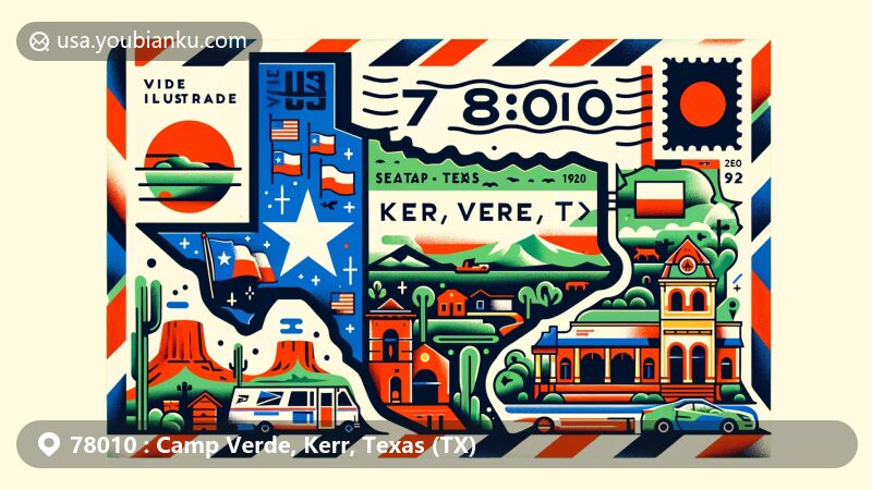 Modern illustration of Camp Verde, Kerr County, Texas, showcasing postal theme with ZIP code 78010, featuring the outline of Kerr County, state flag of Texas, and unique cultural elements.