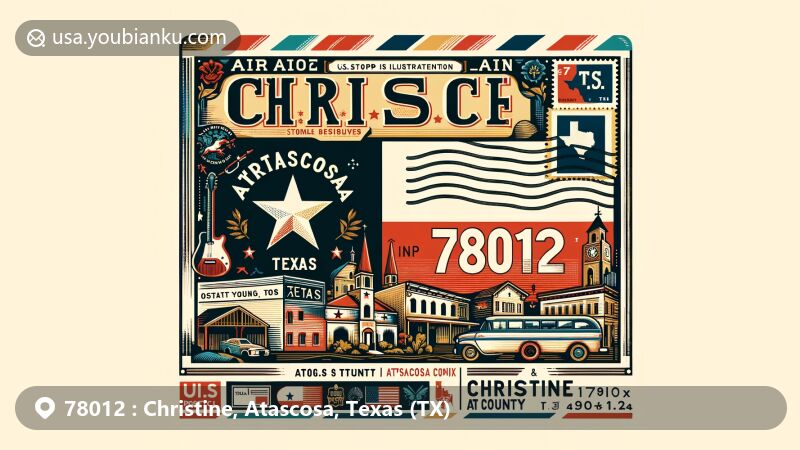 Modern illustration of Christine, Atascosa County, Texas, with vintage air mail envelope displaying Texas state flag, Atascosa County outline, and iconic local elements, including stamp, postmark, and ZIP Code 78012.
