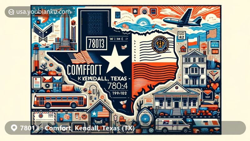 Modern illustration of Comfort, Kendall County, Texas, displaying Texas flag, Kendall County outline, and iconic landmarks/cultural elements. Includes postal theme with postcard, airmail envelope, stamps, postmarks, ZIP Code, mailboxes, mail vehicles.