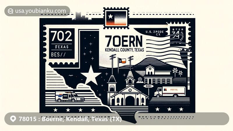 Modern illustration featuring Boerne, Kendall County, Texas, with postal theme for ZIP code 78015, showcasing Texas state flag, local landmark, Kendall County outline, postage stamp, postmark, mailbox, and mail truck.