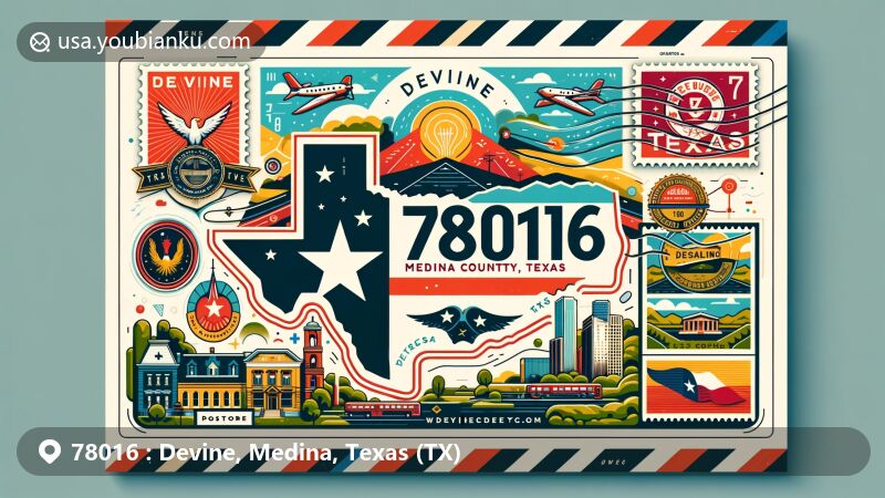 Modern digital illustration of Devine, Medina County, Texas, showcasing postal theme with ZIP code 78016, featuring vintage-style airmail elements and Texas state flag.