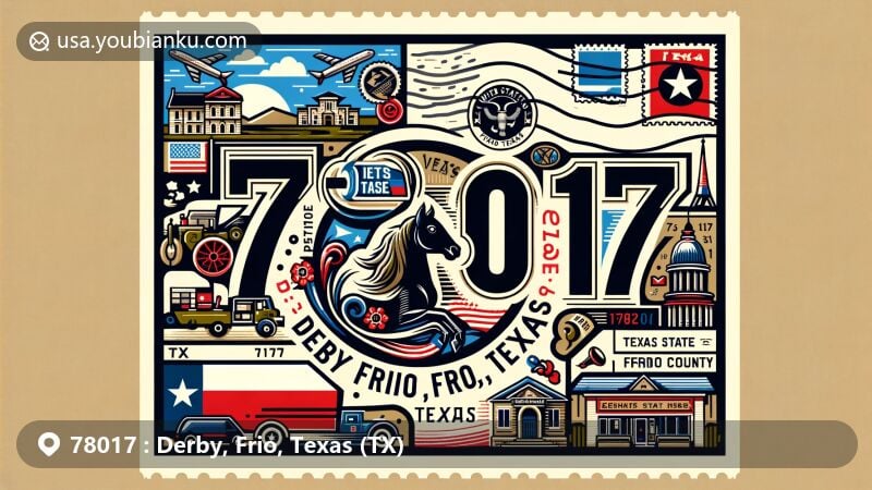 Modern illustration of Derby, Frio County, Texas, depicting postal theme with ZIP code 78017, featuring state flag, mail elements, and local landmarks.