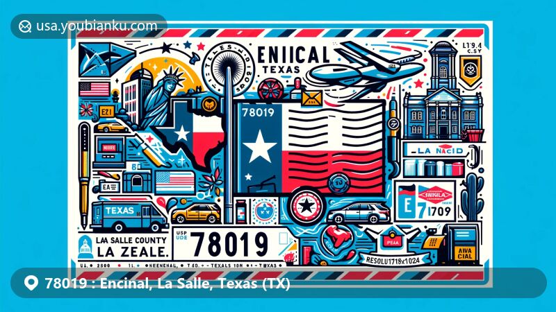 Modern illustration of Encinal, La Salle County, Texas, featuring iconic Texas elements, postal theme with ZIP code 78019, and cultural symbols of Encinal.