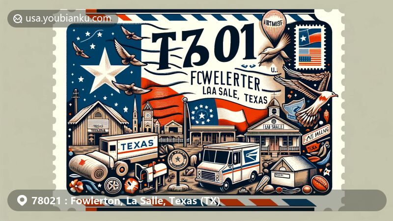 Modern illustration of Fowlerton, La Salle County, Texas, representing ZIP code 78021 with Texas state flag and local landmarks, creatively merged into postal-themed design.