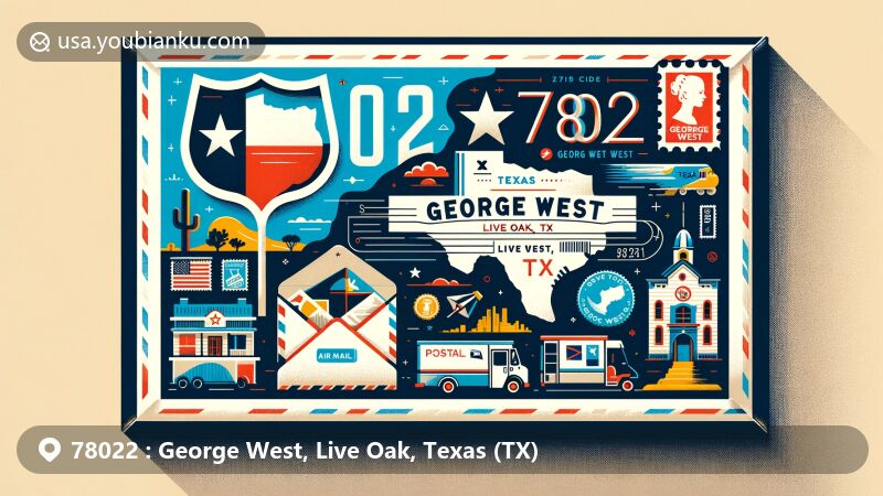 Modern illustration of George West, Live Oak County, Texas, showcasing postal theme with ZIP code 78022, featuring Texas state flag, Live Oak County outline, George West landmarks, and postal service symbols.