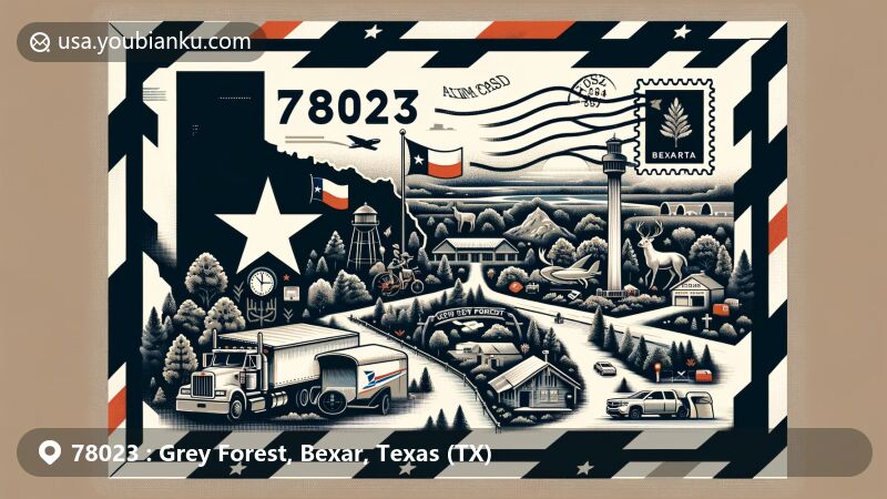 Modern illustration representing Grey Forest, Bexar County, Texas, ZIP code 78023, featuring Texas state flag, Bexar County outline, and local landmarks or cultural symbols.