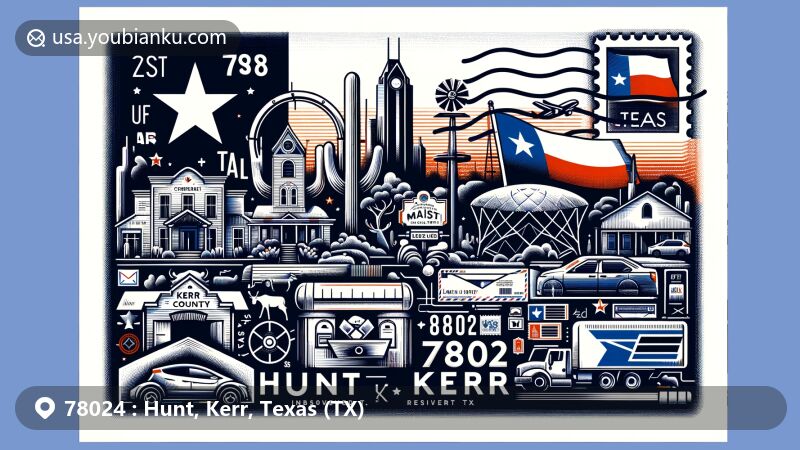 Modern illustration of Hunt, Kerr, Texas, showcasing postal theme with ZIP code 78024, featuring elements representing local culture and landmarks like the Texas state flag and Kerr County outline.