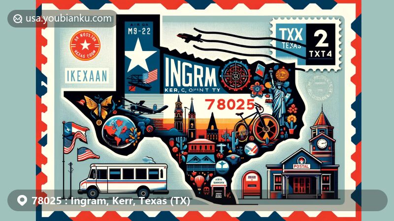 Modern illustration of Ingram, Kerr County, Texas, capturing local essence with Texas state flag and Kerr County map silhouette, incorporating postal elements like vintage stamp, envelope, mailbox, and postal van.