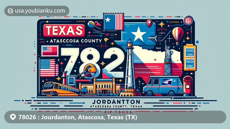 Modern illustration of Jourdanton, Atascosa County, Texas, representing ZIP code 78026 with Texas state flag, Atascosa County outline, and local landmarks. Features postal elements like postcard shape, stamps, 'ZIP Code 78026', mailbox, and postal van.