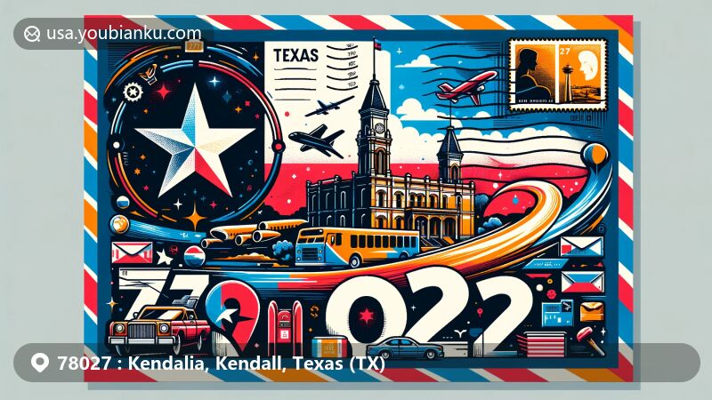 Vivid illustration of Kendalia, Kendall County, Texas, capturing postal essence with ZIP code 78027, showcasing Texas flag, Kendall County outline, and local landmarks.