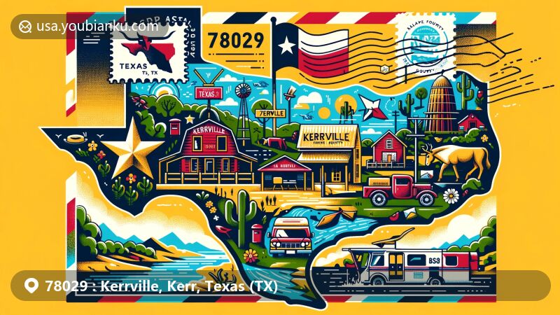 Modern illustration of Kerrville, Kerr County, Texas, inspired by ZIP code 78029, portraying iconic landmarks like Y.O. Ranch, Kerrville Folk Festival, and Guadalupe River, with Texas state flag and Kerr County shape.