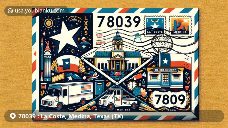 Modern illustration of La Coste, Medina County, Texas, inspired by ZIP code 78039, with postcard design and postal elements, featuring Texas state flag and local symbols.