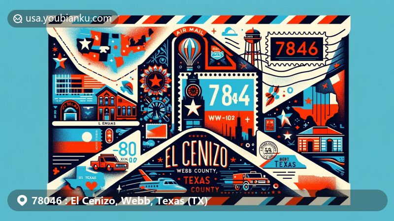 Creative illustration of El Cenizo, Webb County, Texas, showcasing postal theme with ZIP code 78046. Featuring Texas state flag, Webb County map silhouette, and local cultural symbols.