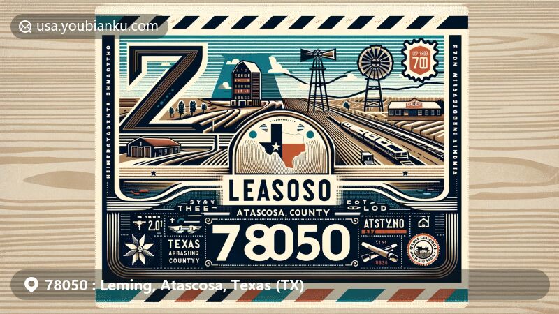 Vintage-style airmail envelope depicting Leming, Atascosa County, Texas, with ZIP code 78050, showcasing postal theme with Texas state flag stamp and local landmarks.