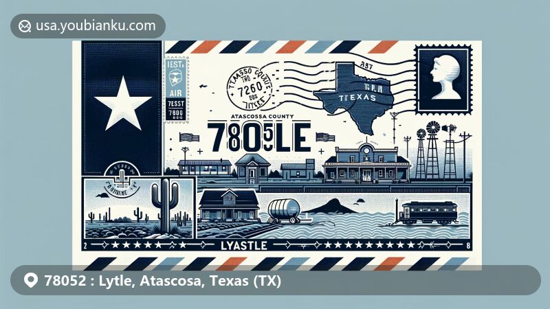 Modern illustration of Lytle, Atascosa County, Texas, featuring a wide postcard design with Texas state flag, Atascosa County outline, and local landmark, including postal elements like stamp, postmark, and ZIP code 78052.