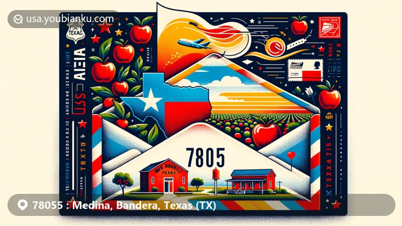 Modern illustration of Medina, Texas, highlighting postal theme with ZIP code 78055, featuring 'Apple Capital of Texas' elements like apple orchards and Texas symbols.