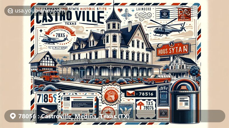 Modern illustration of Castroville, Texas, with ZIP code 78056, featuring Landmark Inn State Historic Site, Steinbach Haus, and Houston Square, blending local and postal themes creatively.