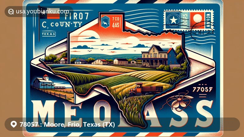Artistic illustration of Moore, Texas, featuring rural landscapes and postal elements, with ZIP code 78057 and Frio County silhouette.