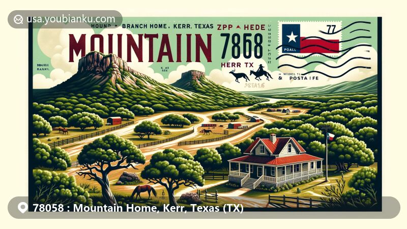 Modern illustration of Mountain Home, Kerr County, Texas, capturing natural beauty and postal theme with ZIP code 78058, featuring Branch Ranch and vintage postcard design.