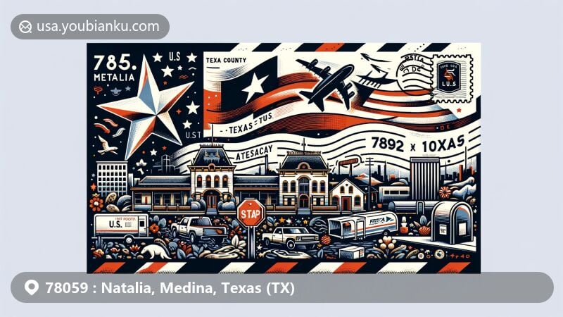 Modern illustration of Natalia, Medina County, Texas, capturing postal theme with ZIP code 78059, featuring Texas state flag, stylized outline of Medina County, and local landmark or cultural symbol.