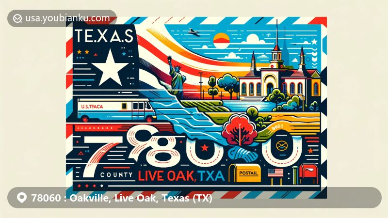 Modern illustration of Oakville, Live Oak, Texas, showcasing postal theme with ZIP code 78060, featuring Texas state flag, Live Oak County outline, and iconic local landmark or scenery.