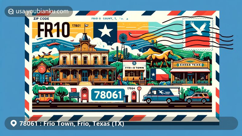 Artistic representation of Frio Town, Frio County, Texas, capturing local culture and landmarks of ZIP code 78061, including Texas symbols and postal motifs like mail truck and postmark.