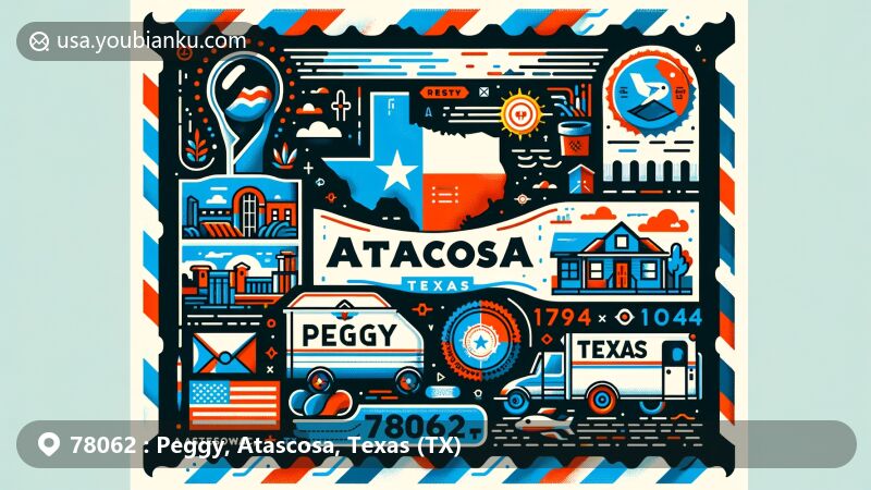 Modern illustration of Peggy, Atascosa County, Texas, depicting iconic Texas elements like the state flag, Atascosa County outline, and local landmarks, presented in a postal theme with ZIP Code 78062.