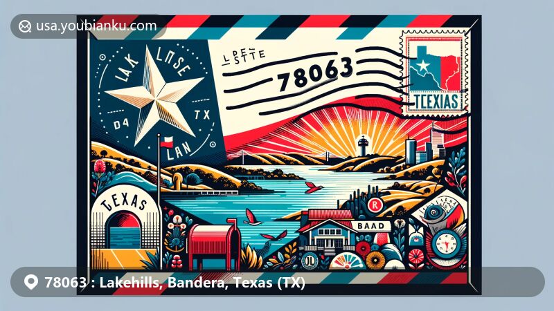 Modern illustration of Lakehills, Bandera, Texas, featuring Texas state flag, Bandera County outline, Medina Lake, and local wildlife, with vintage stamp, envelope marked '78063', and red mailbox.