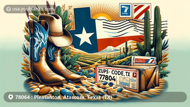 Modern illustration of ZIP code 78064 in Pleasanton, Atascosa, Texas, integrating cowboy heritage symbols and natural environment textures, with Texas state flag and vintage postal elements.