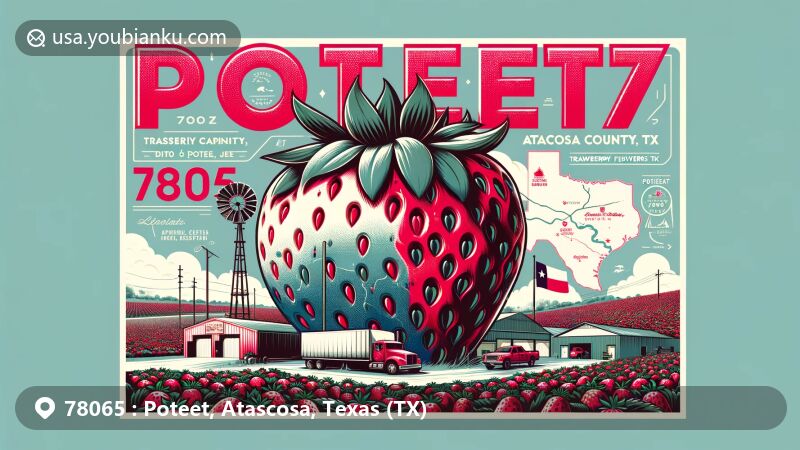Modern illustration of Poteet, Atascosa County, Texas, highlighting 'Strawberry Capital of Texas' theme, including iconic strawberry landmark and elements from Poteet Strawberry Festival.