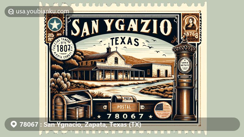 Modern illustration of San Ygnacio, Texas, showcasing postal theme with ZIP code 78067, centered around the Treviño-Uribe Rancho and typical Zapata County landscapes, including the Rio Grande and sandstone buildings, subtly incorporating the Texas state flag.