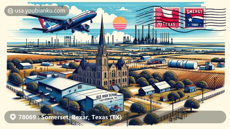 Modern illustration of Somerset, Texas, highlighting postal theme with ZIP code 78069, featuring historical landmarks like old high school & St. Mary's Catholic Church against town landscape with farmlands & oil refineries.