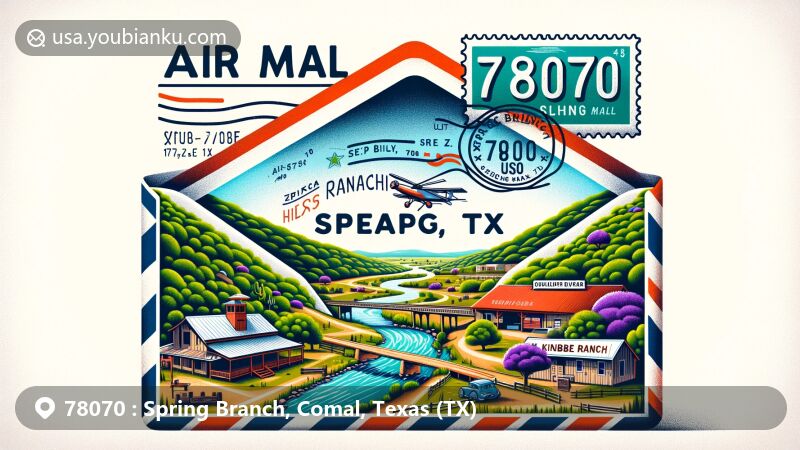 Modern illustration of Spring Branch, Texas, featuring the ZIP code 78070, showcasing the Guadalupe River and Knibbe Ranch to represent the area's natural and ranching heritage, set against the backdrop of Texas Hill Country's rolling hills.