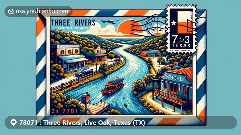 Modern illustration of Three Rivers, Live Oak County, Texas, highlighting postal theme with ZIP code 78071, featuring local post office, Texas flag, and scenic landscapes.