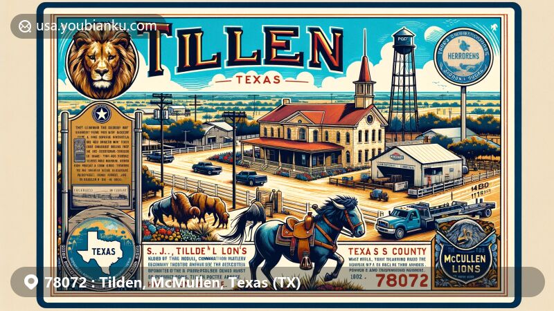 Modern illustration of Tilden, Texas, showcasing ranching and petroleum heritage, including annual rodeo, McMullen County Courthouse, and postal element with ZIP code 78072.